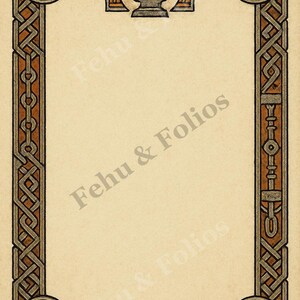 May include: A rectangular parchment-style border featuring intricate brown and tan Celtic knotwork. The top centre displays an anvil with crossed hammers. Four circular corner icons depict various tools. The text Fehu & Folios is visible.