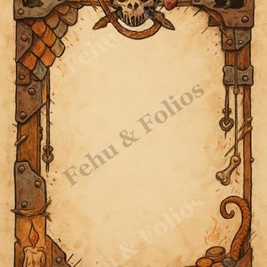 May include: A rectangular decorative frame with a parchment-colored center featuring the text Fehu & Folios. The border includes a skull with a helmet, metal plates, a lit candle, a pile of gold coins, bones, and silhouettes of small rodents.