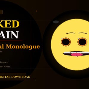May include: Digital graphic download featuring a yellow cartoon villain with a raised arm. Text includes "WICKED VILLAIN" and "Theatrical Monologue." Additional text indicates 120 PNG files are included. The background is dark with a circular design.
