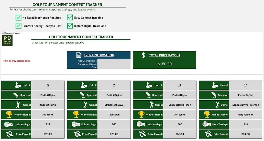 Golf Tournament Contest Tracker Excel Template (digital Download) - Etsy