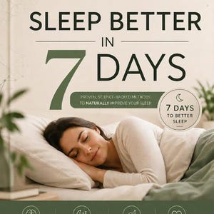 Puede incluir: Imagen promocional de Neuro Rest, con el texto «Sleep Better in 7 Days». Se muestra a una mujer durmiendo plácidamente sobre una almohada. La imagen incluye iconos y texto que promueven la mejora de la calidad del sueño, la energía, el enfoque y el bienestar.