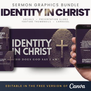 May include: A digital graphics bundle titled Identity in Christ featuring dark purple backgrounds with gold fingerprint and cross motifs. The set includes social media templates, presentation slides, and YouTube thumbnails, all editable in Canva.