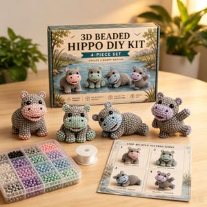 Può includere: Kit fai da te ippopotamo con perline 3D, set da 4 pezzi. Il kit include istruzioni, perline e filo per creare quattro ippopotami con perline. Gli ippopotami finiti sono grigi con accenti rosa, blu e verdi.