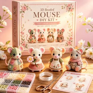 May include: A craft kit for making 3D beaded mice, with the text "3D Beaded Mouse DIY Kit". The kit contains materials to create four mice. The finished mice are in different outfits and colours, with a tray of beads and scissors.