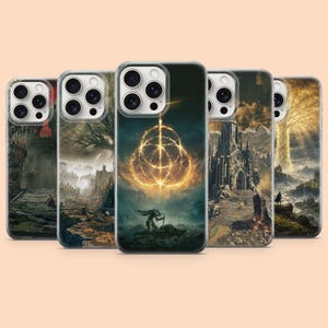 May include: A collection of phone cases featuring fantasy landscape artwork. Each case displays a different scene with castles, trees, and figures, in shades of gray, brown, and gold. The cases are designed to fit various phone models.