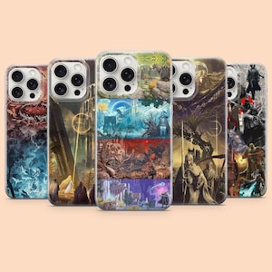 May include: A collection of five smartphone cases featuring intricate fantasy illustrations. The designs display various scenes including dark landscapes, towering structures, mythical creatures, and armored figures in a vibrant, detailed artistic style.