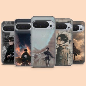 May include: Five clear smartphone cases featuring various anime-style illustrations of a character named Levi. The designs include scenes of the character in a dark cloak, standing against a sunset, holding swords, and layered over newspaper-style text.