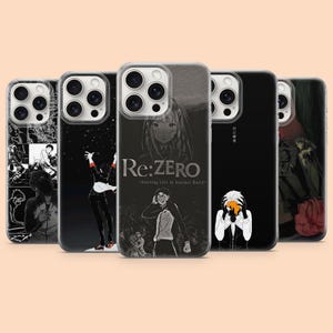 May include: Five clear smartphone cases featuring various black and white anime-style illustrations from Re:Zero. The central case displays the text Re:ZERO -Starting Life in Another World- with character graphics. Each case has a camera cutout.