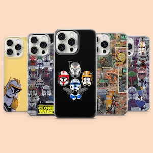 Op de afbeelding: Vijf smartphonehoesjes met Star Wars Clone Trooper-afbeeldingen. Eén hoesje is geel, één heeft een collage van troopers, één is zwart met een centrale afbeelding, één toont een stripboekcollage en één heeft een dicht patroon van trooperhelmen.