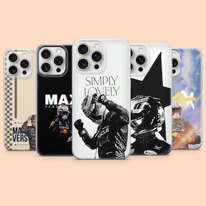 May include: Five smartphone cases featuring Formula 1 driver Max Verstappen. Designs include a checkered pattern, black backgrounds with text, a white case with the text SIMPLY LOVELY, a large black star graphic, and a blue sky background with a yellow X.