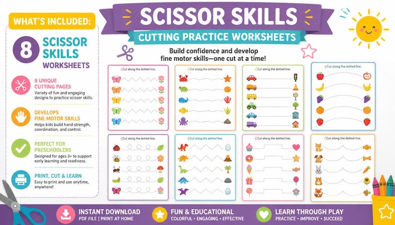 Scissor Skills Cutting Practice for Preschool Kids - Etsy