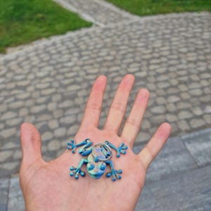 Peut inclure: Un petit porte-clés en forme de grenouille bleu et vert avec une finition métallique. La grenouille présente des membres détaillés avec des doigts écartés et un anneau métallique argenté fixé sur son dos pour attacher des clés.