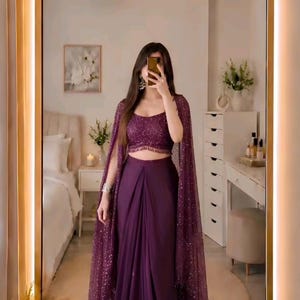 Plum Purple Sequined Drape Saree Set, Cape Dupatta, Ready-to-Wear Ensemble