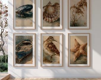 Vintage Coastal Watercolor Prints Set of 6 | Shell, Bird, Boat, Sea Oats Gallery Wall Art (Digital Download)