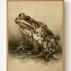 May include: A framed wall art print featuring a detailed illustration of a frog with mottled green and brown skin, large dark eyes, and textured markings, set against a muted, light-colored background within a simple light wood frame.