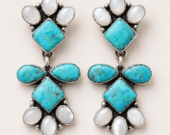 Statement oorbellen turkoois en witte steen, handgemaakte sterlingzilveren hangoorbellen, zuidwestelijke boho-sieraden cadeau voor vrouwen