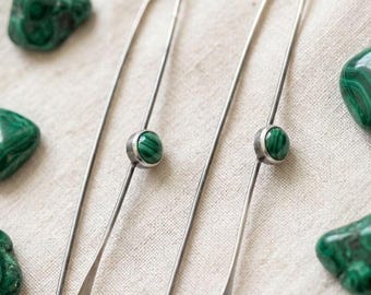Malachite Threader Earrings, Sterling Silver Long Dangle Earrings, Green Gemstone Minimalist Earrings, Handmade Gift for Her