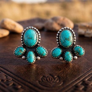 Turquoise Cluster Stud Earrings, Handmade Sterling Silver Southwestern Earrings, Boho Western Jewelry Gift for Her