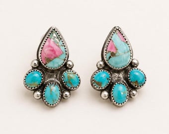 Pendientes de botón de turquesa rosa, pendientes de plata esterlina hechos a mano de estilo suroeste, joyería bohemia occidental, regalo para novia.