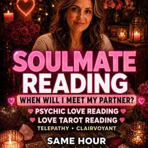 May include: A digital graphic for a soulmate reading service featuring the text SOULMATE READING, WHEN WILL I MEET MY PARTNER?, PSYCHIC LOVE READING, LOVE TAROT READING, TELEPATHY, CLAIRVOYANT, SAME HOUR, and five gold stars.