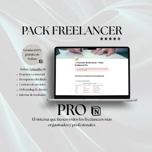 May include: A laptop displays a document titled "Contrato de Servicios - Pack Freelancer Pro." The image promotes a freelancer pack with templates for commercial proposals, detailed budgets, service contracts, client onboarding, and results reports. Text at the top reads "PACK FREELANCER."