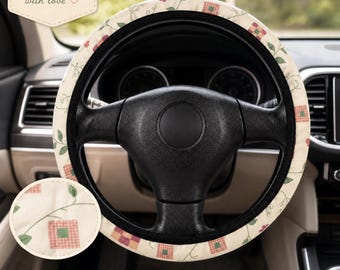 Coprivolante trapuntato rosa in stile cottagecore / Accessori per auto con patchwork floreale, carini per donne, decorazioni per auto vintage