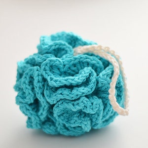 Può includere: Un pouf da bagno in crochet blu turchese con un anello in crochet bianco per appenderlo.