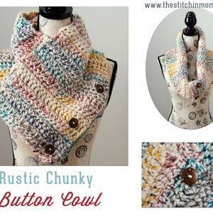 May include: A chunky knit cowl with a rustic color palette of cream, brown, red, yellow, and teal. The cowl has three large buttons on the front.