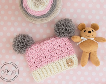 PDF Crochet Pattern - Dusty Rose Sack Hat Sizes Preemie to 3-5 Years