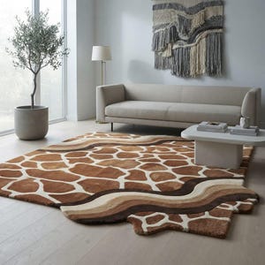 Giraffe Print Abstract Rug — Hand-Tufted Wool Animal Pattern Carpet, Irregular Safari Wave Shape, Caramel Brown Cream, Custom Size