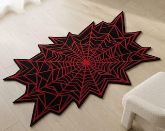 Black Red Spider Web Rug, Gothic Halloween Area Rug, Irregular Statement Rug, Custom Size