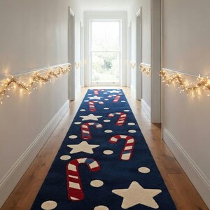 Christmas Candy Cane Runner Rug, Navy Blue Holiday Carpet with Stars and Polka Dots