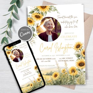 Sunflower Funeral Invitation Floral Memorial Service Announcement Printable Celebration of Life Card Editable Funeral Template Download