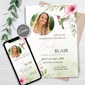 May include: A funeral memorial invitation card and a smartphone displaying the same design, featuring a circular photo of a person, a hummingbird, and pink hibiscus flowers. The text reads: JOIN US IN CELEBRATING THE LIFE OF Emily BLAIR.