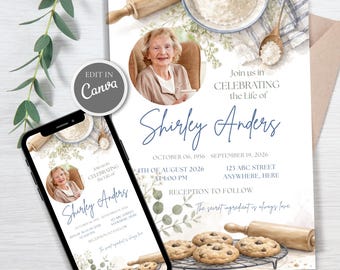 Può includere: Un invito commemorativo con un design ad acquerello. L'invito include una foto di una donna, il testo "Join us in Celebrating the Life of Shirley Anders" e i dettagli dell'evento. Uno smartphone mostra lo stesso design.