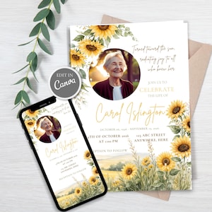 May include: A funeral memorial invitation card and a smartphone displaying the same design, featuring watercolor sunflowers, a circular photo of an older person, and the text "Turned toward the sun, radiating joy to all who knew her" and "Carol Islington".