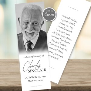 May include: A funeral memorial bookmark featuring a black and white portrait of an older man with a beard, the text In Loving Memory of Charles Sinclair, birth and death dates, and a poem about love and remembrance printed on white cardstock.