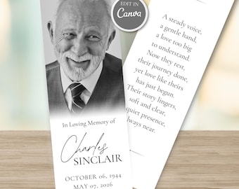 Minimalist Funeral Bookmark Black White Modern Memorial Keepsake Printable Celebration of Life Favor Editable Template Download