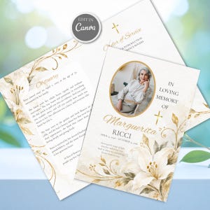Puede incluir: Una plantilla de programa funerario con fondo blanco, detalles florales dorados e ilustraciones de lirios. El texto dice In Loving Memory Of, Margerita Ricci, e incluye un marco de fotos ovalado, una cruz dorada y detalles del obituario.