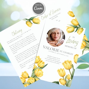 May include: A funeral programme template featuring yellow tulips and green leaves on a white background. The text includes Order of Service, Obituary, and In Loving Memory of Valorie St. Charles, with a circular photo of a woman and dates.