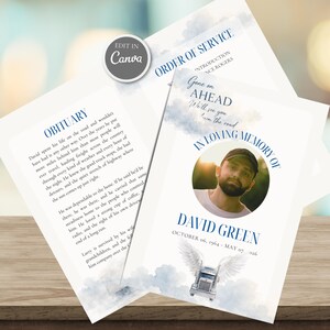 May include: A funeral program template featuring a circular photo of a man, the text "IN LOVING MEMORY OF DAVID GREEN", "GONE AHEAD", and "OBITUARY". The design includes blue watercolor clouds and a white semi-truck illustration with angel wings.