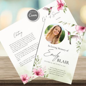 May include: A funeral programme template featuring a circular photo of a smiling person, pink hibiscus flowers, and a hummingbird illustration. The text includes In Loving Memory of Emily Blair, October 06, 1986 to May 07, 2026, and Obituary.
