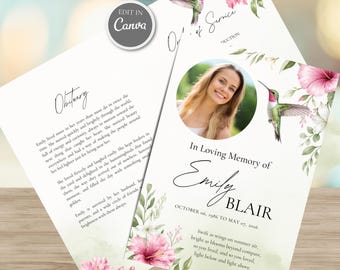 Peut inclure: Un modèle de programme funéraire avec une photo circulaire d'une personne souriante, des fleurs d'hibiscus roses et une illustration de colibri. Le texte inclut In Loving Memory of Emily Blair, 06 octobre 1986 au 07 mai 2026 et Obituary.