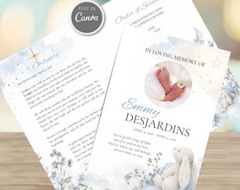 Programa funerario Folleto conmemorativo del bebé conejito Folleto de orden del servicio Celebración de la vida imprimible Plantilla de funeral editable en Canva
