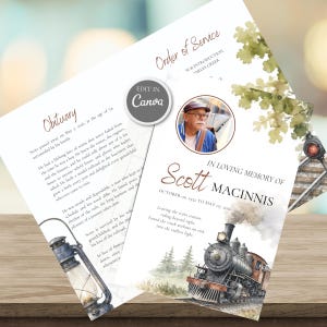 Peut inclure: Un modèle de programme funéraire avec une locomotive à vapeur à l'aquarelle, des feuilles de chêne vertes et une lanterne vintage. Le texte inclut "Order of Service", "Obituary" et "In Loving Memory of Scott Macinnis" avec une photo circulaire.