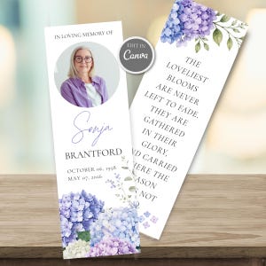 May include: A funeral bookmark template featuring a circular photo of a person, the text "IN LOVING MEMORY OF", "Sonja BRANTFORD", dates, and a poem. The design includes blue and purple hydrangea floral illustrations on a white background.