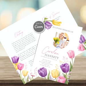 Peut inclure: Un modèle de programme funéraire avec des illustrations à l'aquarelle de tulipes violettes, roses et jaunes. Le texte inclut "Obituary", "In Loving Memory of", "Caroline Hannity" et des dates. Une photo circulaire montre une personne tenant des fleurs jaunes.