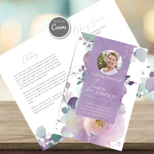 May include: A funeral program template featuring a purple and white floral watercolor design. The front displays a circular photo of a person, the text In Loving Memory of Laura Simpson, and dates. The interior shows an obituary and order of service.