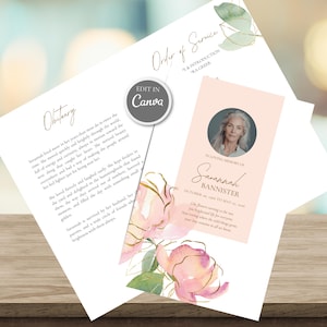 Pode incluir: Um modelo de programa funerário com ilustrações florais em aquarela em rosa e verde com detalhes dourados. O texto inclui Order of Service, Obituary e In Loving Memory of Savannah Bannister, com uma foto circular de uma mulher.