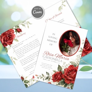 May include: A funeral program template featuring watercolor red roses and green foliage. The front displays the text In Loving Memory Of Rosa Maria Castonella, dates, and a circular photo frame. The interior includes an obituary and order of service.